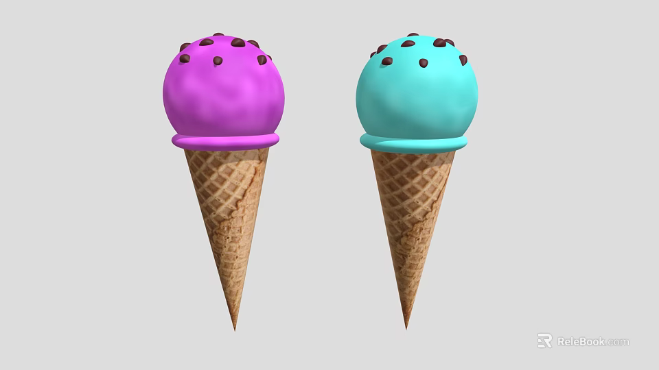 Two Delicious Purple And Blue Ice Cream Cones Topped With Chocolate Chips 3d model 