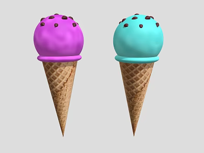 Two Delicious Purple And Blue Ice Cream Cones Topped With Chocolate Chips 3d model