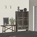 Vintage Wooden Decorative Cabinet Interior With Potted Plant Side Table Artwork And Wall Sconces
