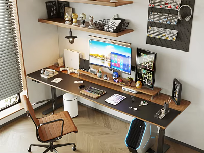 Modern Home Office Desk Setup With Computer Monitor Bookshelf Task Lamp and Decorative Items 3d model