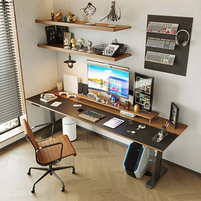 Modern Home Office Desk Setup With Computer Monitor Bookshelf Task Lamp and Decorative Items 3d model