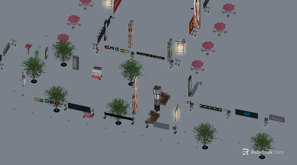Urban Road Facilities With Lamp Posts Signs Trees And Public Tables 3d model