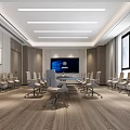 Modern Conference Room Interior With Long Table Ergonomic Chairs Large Screen Ceiling Lights And Windows 3d model