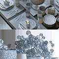 Elegant Tableware Set With Blue Flower Bouquet Cake Glassware And Plates