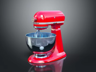 Sleek Red Stand Mixer Featuring Shiny Silver Mixing Bowl And Smooth Base Design 3d model