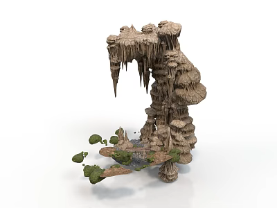 Decorative Cave Like Rock Formation With Hanging Stalactites Layered Rocks And Small Green Plants 3d model
