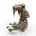 Decorative Cave Like Rock Formation With Hanging Stalactites Layered Rocks And Small Green Plants