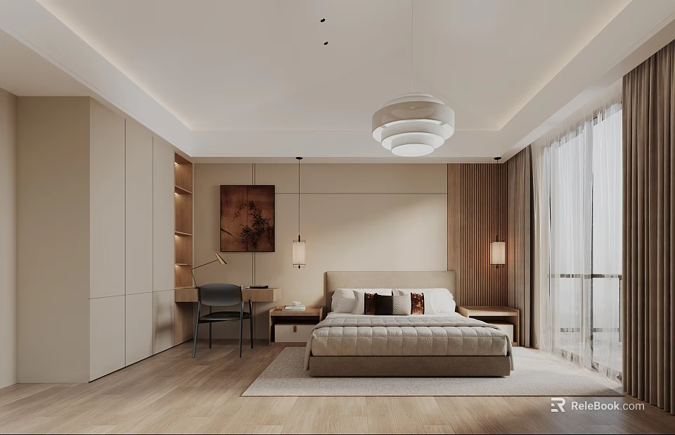 Modern Beige Bedroom Interior Design With Large Bed Wooden Flooring And Pendant Light 3d model 