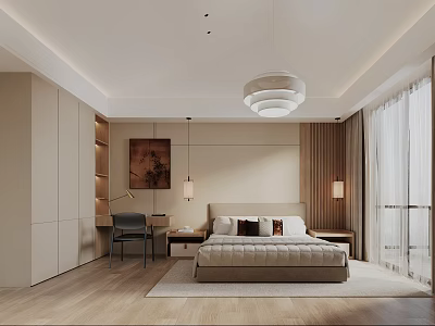 Modern Beige Bedroom Interior Design With Large Bed Wooden Flooring And Pendant Light 3d model