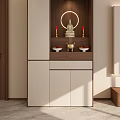 Modern Elegant Entryway Interior Design With White Wooden Cabinets Buddha Shrine Candles And Fruits