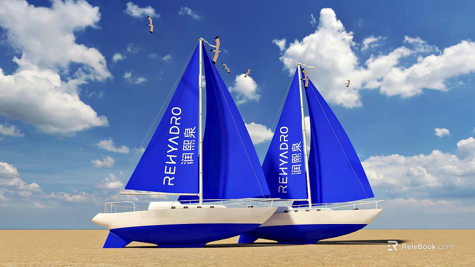 Blue Sailboats Art Installation with Blue Sky White Clouds Sandy Beach and Flying Birds 3d model 