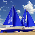 Blue Sailboats Art Installation with Blue Sky White Clouds Sandy Beach and Flying Birds