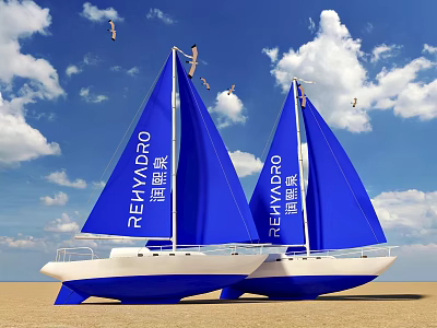 Blue Sailboats Art Installation with Blue Sky White Clouds Sandy Beach and Flying Birds 3d model