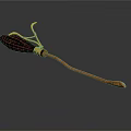 Red Decorative Object With Golden Accents And Long Handle On Gray Background
