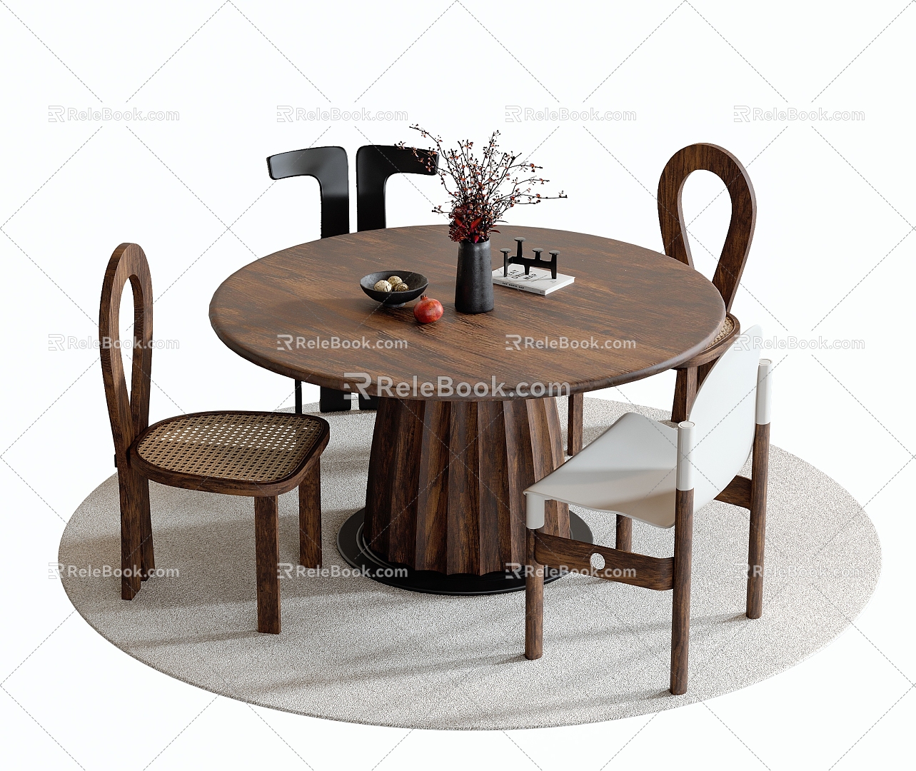 Middle Ancient Dining Table and Chair Combination Dining Chair Dining Table Round Carpet 3d model