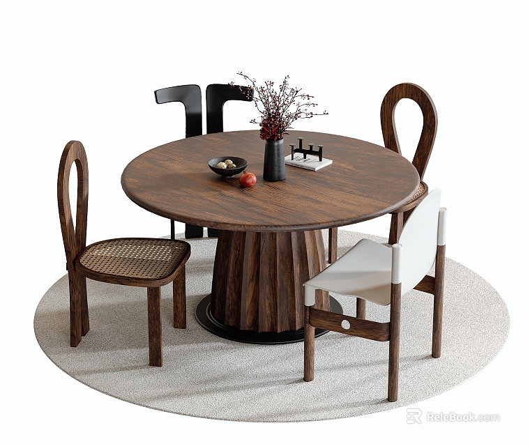 Natural Wooden Round Table and Chair Set Featuring Curved Back Chairs and Tabletop Decor 3d model 