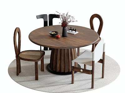 Natural Wooden Round Table and Chair Set Featuring Curved Back Chairs and Tabletop Decor 3d model