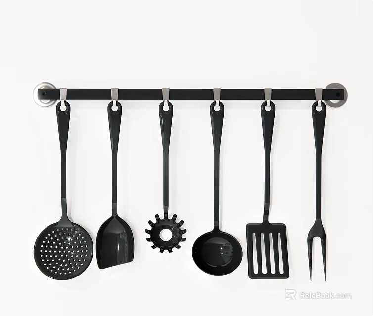 Black Cooking Utensils Hanging On A Kitchen Rail With Various Tools 3d model