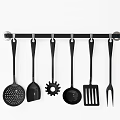 Black Cooking Utensils Hanging On A Kitchen Rail With Various Tools 3d model