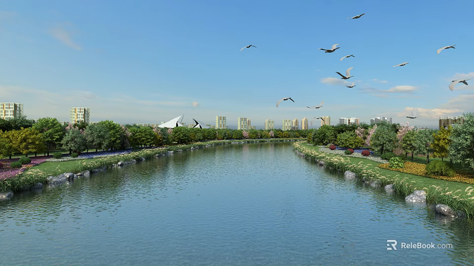 Scenic Waterfront Landscape With River Greenery Trees Distant Buildings And Flying Birds 3d model 