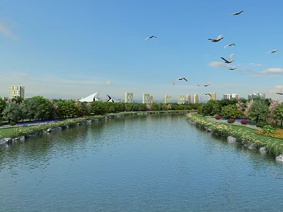 Scenic Waterfront Landscape With River Greenery Trees Distant Buildings And Flying Birds 3d model