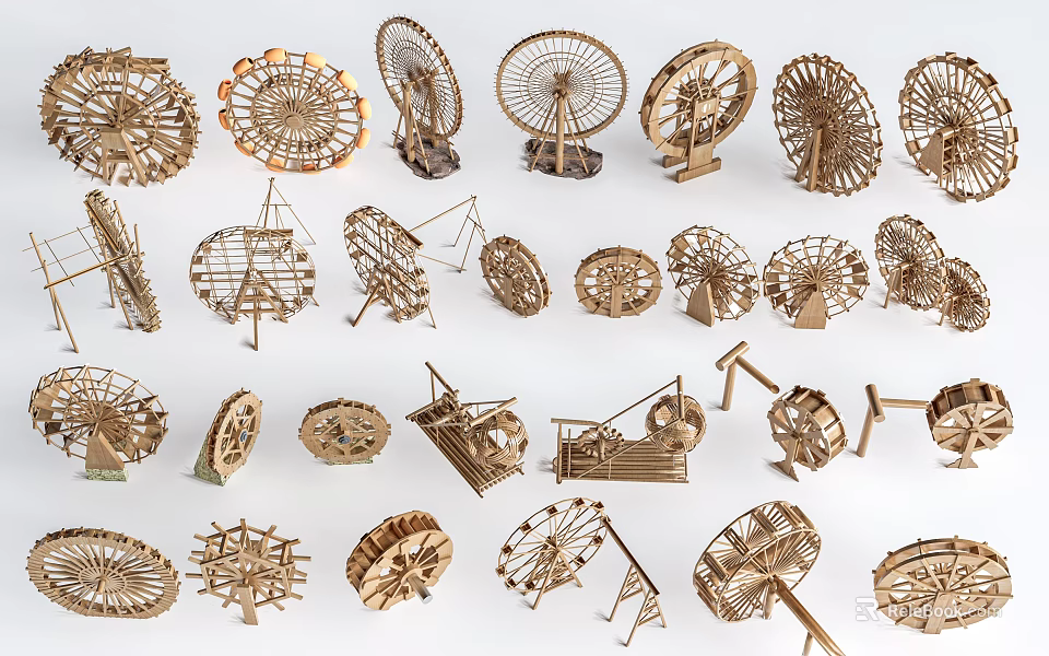 Wooden Garden Ornaments With Creative Decorative Wheel And Windmill Designs For Outdoor Use 3d model 