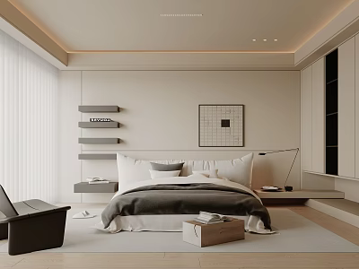Modern Bedroom Interior Design With White And Gray Bedding Wall Shelves And Decorative Painting 3d model