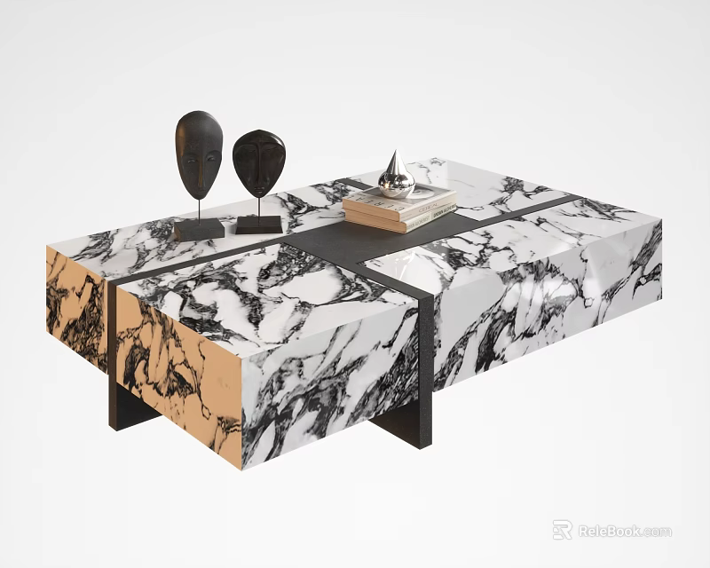 Modern Black And White Marble Coffee Table With Decorative Objects And Stacked Books 3d model