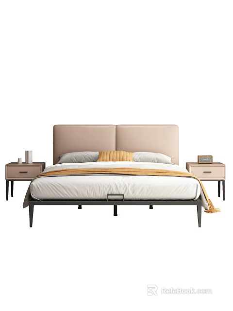 Double Bed with Upholstered Headboard White Sheets Yellow Blanket and Nightstands 3d model