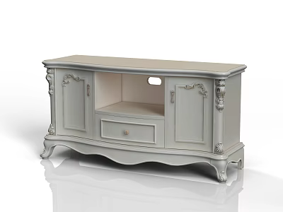 Classic Light Gray TV Stand With Ornate Carvings Drawer And Carved Legs 3d model