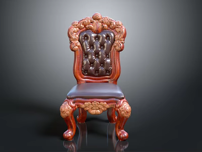 Elegant Classic Wooden Chair With Ornate Carved Backrest And Leather Seat 3d model