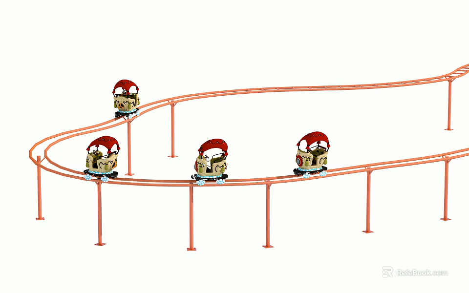 Toy Trains With Red Hats Moving Along Curved Track For Kids Play 3d model 