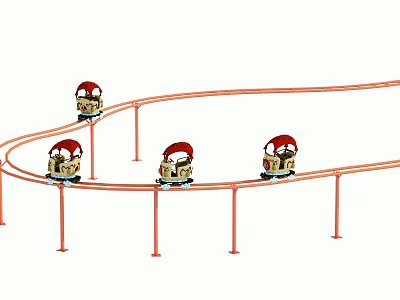 Toy Trains With Red Hats Moving Along Curved Track For Kids Play 3d model