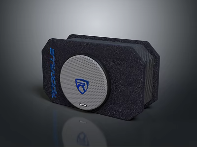 Rockpulse Audio Speaker With Dark Textured Surface And Circular Blue Logo 3d model