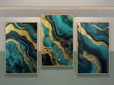 Teal And Gold Abstract Paintings With Black Swirl Patterns In Golden Frames On Wall 3d model