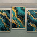 Teal And Gold Abstract Paintings With Black Swirl Patterns In Golden Frames On Wall