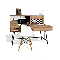 Wooden Writing Desk with Computer Monitor Digital Clock Photo Frame Desk Lamp and White Chair