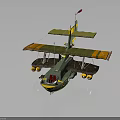 Vintage Green and Yellow Biplane Airplane 3D Model with Red Flag and Number 40 Design