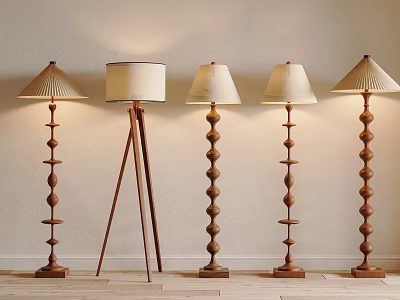 Wooden Floor Lamps Featuring Beaded Tripod and Cylindrical Bases with Light Shades 3d model