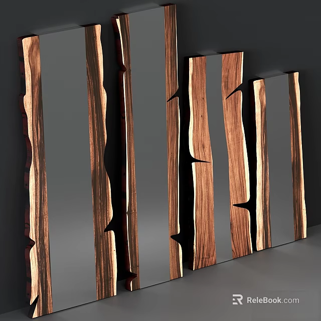 Modern Wooden Framed Mirror With Unique Split Design And Natural Texture Accents 3d model 