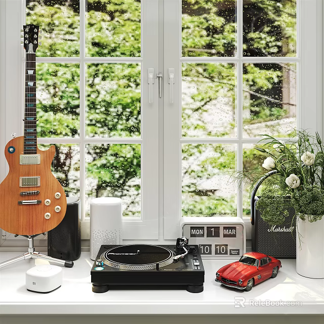 Decorative Ornament Set With Wooden Guitar Record Player Red Car Model And Flower Vase 3d model 