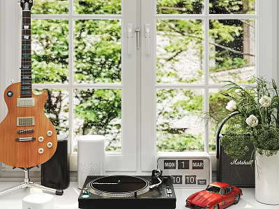 Decorative Ornament Set With Wooden Guitar Record Player Red Car Model And Flower Vase 3d model