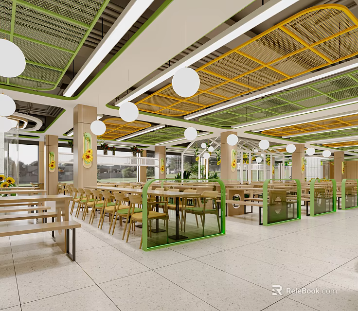 Modern Open Restaurant Interior With Yellow Green Pendant Lights Wooden Tables And Chairs Glass Dividers 3d model 