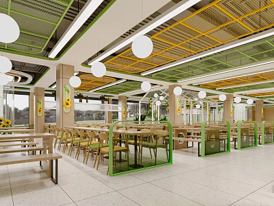 Modern Open Restaurant Interior With Yellow Green Pendant Lights Wooden Tables And Chairs Glass Dividers 3d model