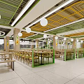 Modern Open Restaurant Interior With Yellow Green Pendant Lights Wooden Tables And Chairs Glass Dividers