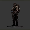 Warrior Character Model With Tattered Skeleton Armor Holding Blue Accent Weapon Standing On Round Base