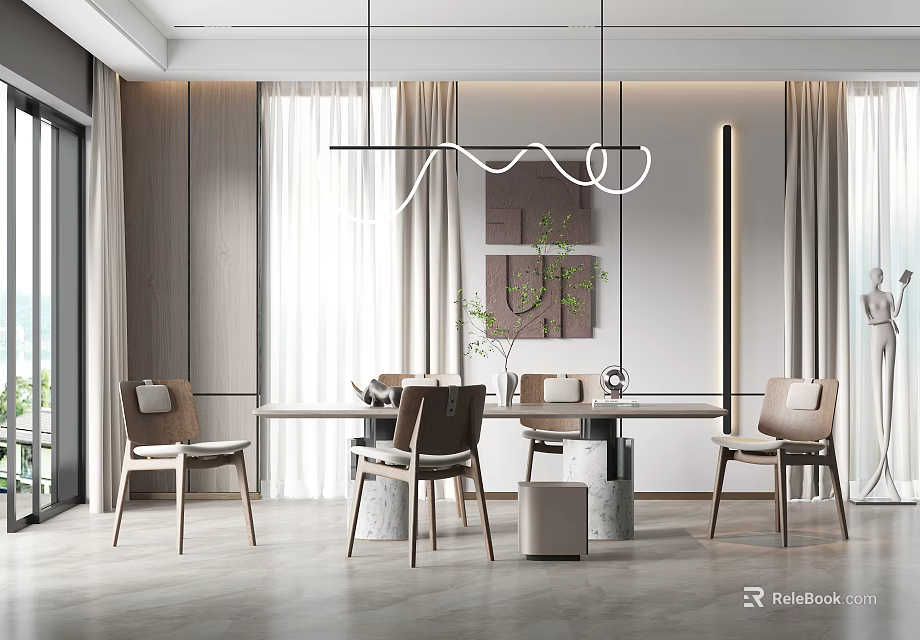 Modern Dining Table Set With Beige Chairs Hanging Light Curtains And Wall Art 3d model