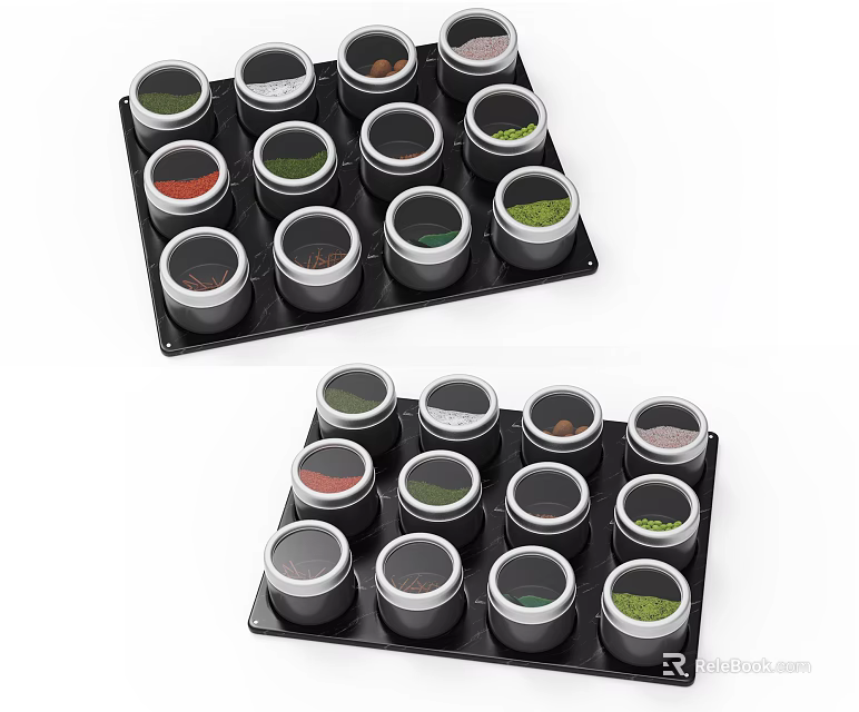 Organized Spice Jars In Black Storage Trays With Transparent Lids And Colorful Contents 3d model 