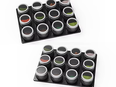Organized Spice Jars In Black Storage Trays With Transparent Lids And Colorful Contents 3d model