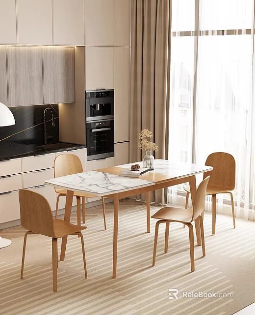 Modern Minimalist Dining Table Set With Wooden Chairs And Marble Tabletop In Kitchen Interior 3d model 